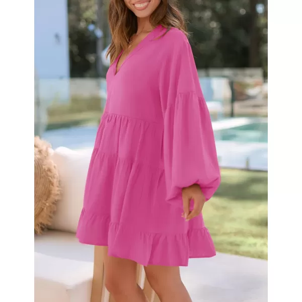 imageZESICA Womens 2024 Tunic Mini Dress Casual Long Sleeve V Neck Ruffle Tiered Loose Flowy Swing Short DressesRose