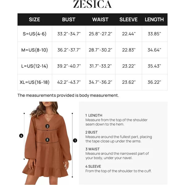 imageZESICA Womens 2024 Tunic Mini Dress Casual Long Sleeve V Neck Ruffle Tiered Loose Flowy Swing Short DressesRust