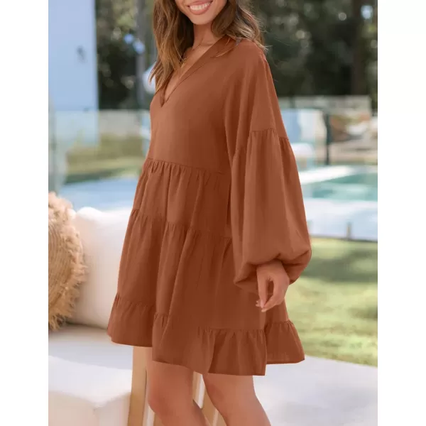 imageZESICA Womens 2024 Tunic Mini Dress Casual Long Sleeve V Neck Ruffle Tiered Loose Flowy Swing Short DressesRust