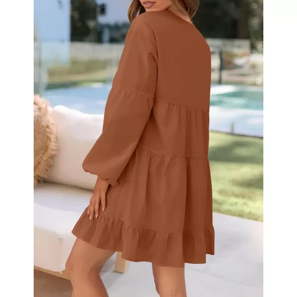 imageZESICA Womens 2024 Tunic Mini Dress Casual Long Sleeve V Neck Ruffle Tiered Loose Flowy Swing Short DressesRust