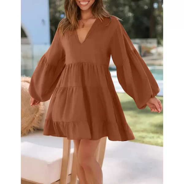 imageZESICA Womens 2024 Tunic Mini Dress Casual Long Sleeve V Neck Ruffle Tiered Loose Flowy Swing Short DressesRust
