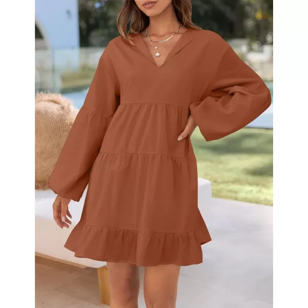 imageZESICA Womens 2024 Tunic Mini Dress Casual Long Sleeve V Neck Ruffle Tiered Loose Flowy Swing Short DressesRust