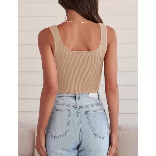 imageZESICA Womens 2024 V Neck Crop Top Ribbed Knit Backless Slim Fit Basic Casual Tank TopsToffee