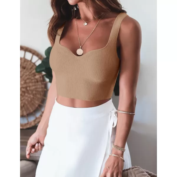 imageZESICA Womens 2024 V Neck Crop Top Ribbed Knit Backless Slim Fit Basic Casual Tank TopsToffee