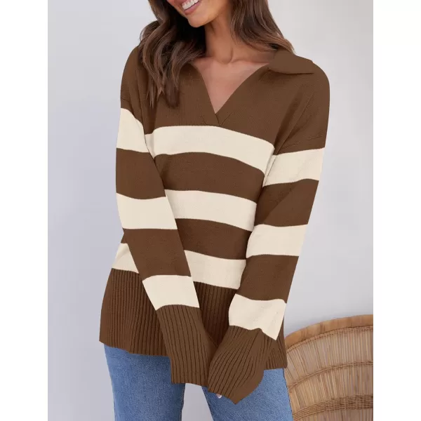 imageZESICA Womens 2024 Winter Striped Sweaters Lapel V Neck Long Sleeve Chunky Knit Oversized Pullover Sweater Jumper TopsBrown