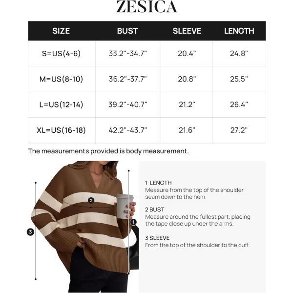 imageZESICA Womens 2024 Winter Striped Sweaters Lapel V Neck Long Sleeve Chunky Knit Oversized Pullover Sweater Jumper TopsBrown