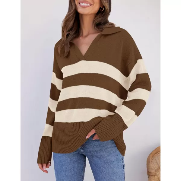 imageZESICA Womens 2024 Winter Striped Sweaters Lapel V Neck Long Sleeve Chunky Knit Oversized Pullover Sweater Jumper TopsBrown