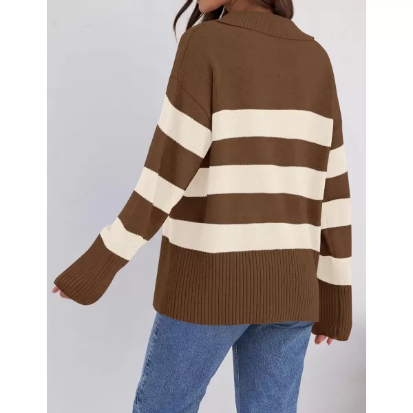 imageZESICA Womens 2024 Winter Striped Sweaters Lapel V Neck Long Sleeve Chunky Knit Oversized Pullover Sweater Jumper TopsBrown