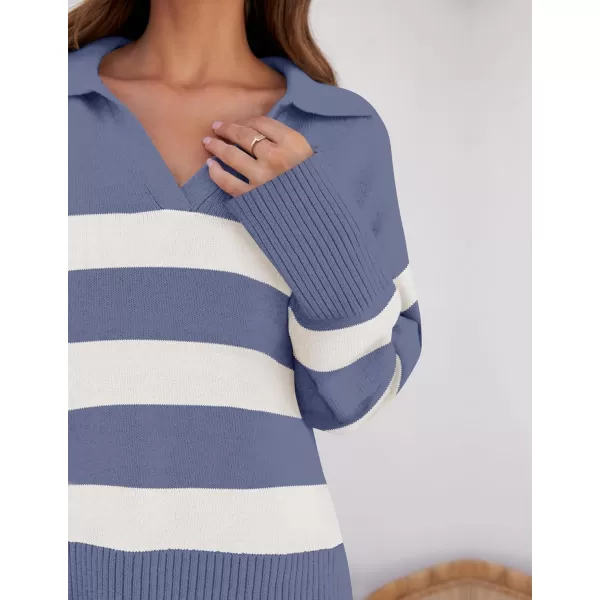 imageZESICA Womens 2024 Winter Striped Sweaters Lapel V Neck Long Sleeve Chunky Knit Oversized Pullover Sweater Jumper TopsDustyblue