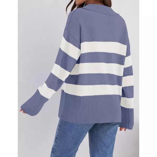 imageZESICA Womens 2024 Winter Striped Sweaters Lapel V Neck Long Sleeve Chunky Knit Oversized Pullover Sweater Jumper TopsDustyblue