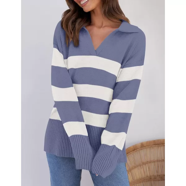 imageZESICA Womens 2024 Winter Striped Sweaters Lapel V Neck Long Sleeve Chunky Knit Oversized Pullover Sweater Jumper TopsDustyblue