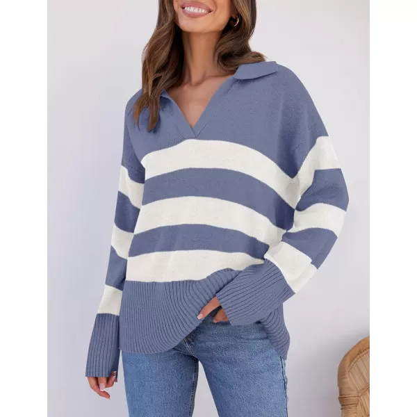 imageZESICA Womens 2024 Winter Striped Sweaters Lapel V Neck Long Sleeve Chunky Knit Oversized Pullover Sweater Jumper TopsDustyblue