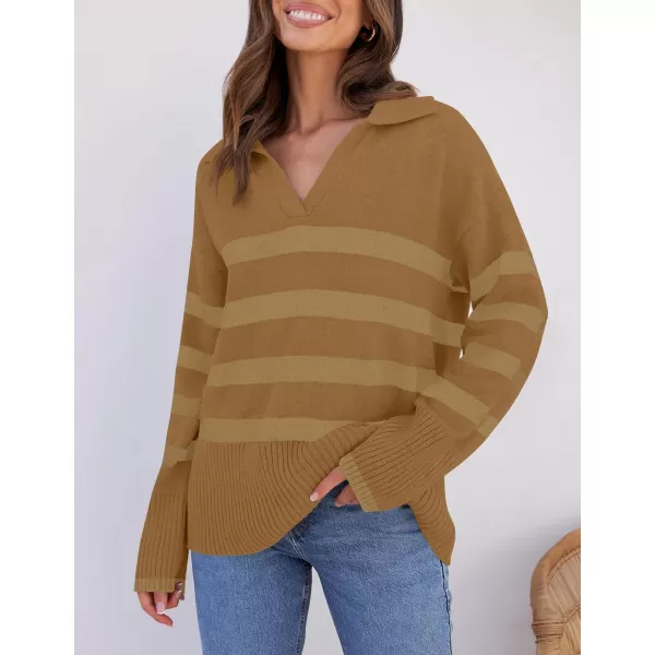 imageZESICA Womens 2024 Winter Striped Sweaters Lapel V Neck Long Sleeve Chunky Knit Oversized Pullover Sweater Jumper TopsMocha
