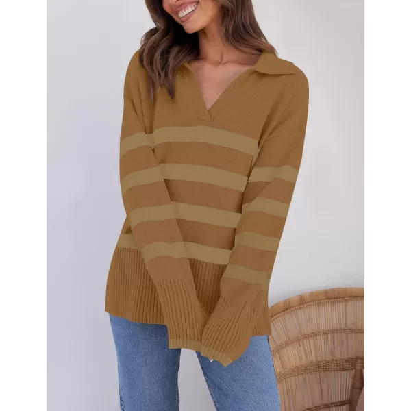 imageZESICA Womens 2024 Winter Striped Sweaters Lapel V Neck Long Sleeve Chunky Knit Oversized Pullover Sweater Jumper TopsMocha