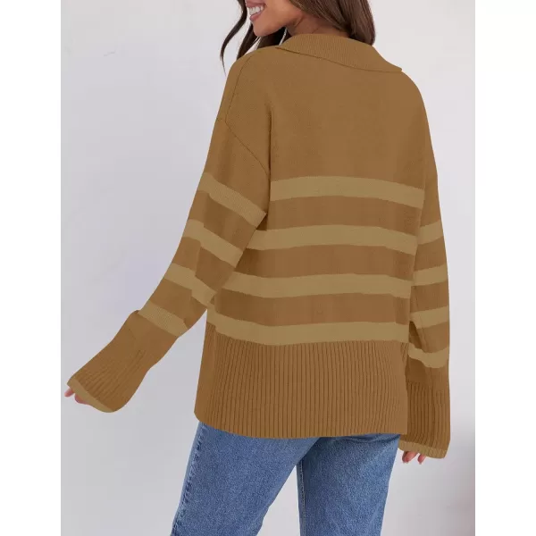 imageZESICA Womens 2024 Winter Striped Sweaters Lapel V Neck Long Sleeve Chunky Knit Oversized Pullover Sweater Jumper TopsMocha