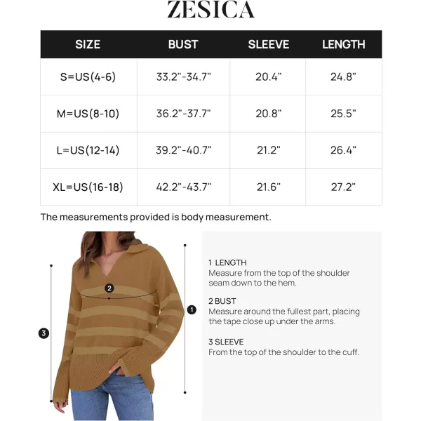 imageZESICA Womens 2024 Winter Striped Sweaters Lapel V Neck Long Sleeve Chunky Knit Oversized Pullover Sweater Jumper TopsMocha