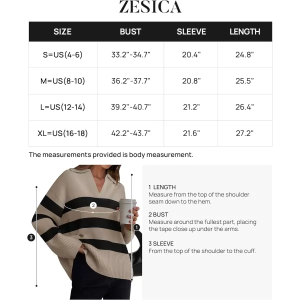 imageZESICA Womens 2024 Winter Striped Sweaters Lapel V Neck Long Sleeve Chunky Knit Oversized Pullover Sweater Jumper TopsOatmeal