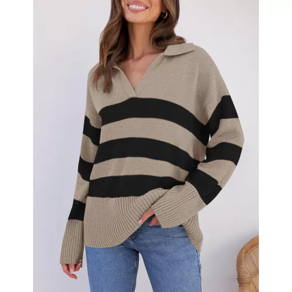 imageZESICA Womens 2024 Winter Striped Sweaters Lapel V Neck Long Sleeve Chunky Knit Oversized Pullover Sweater Jumper TopsOatmeal