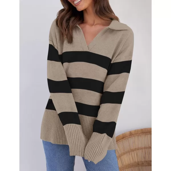 imageZESICA Womens 2024 Winter Striped Sweaters Lapel V Neck Long Sleeve Chunky Knit Oversized Pullover Sweater Jumper TopsOatmeal