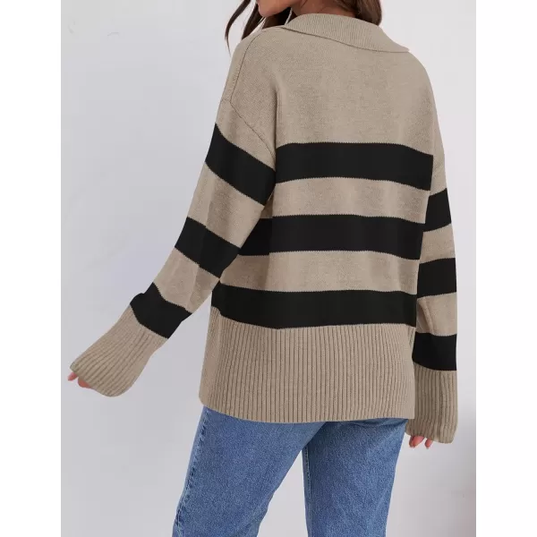 imageZESICA Womens 2024 Winter Striped Sweaters Lapel V Neck Long Sleeve Chunky Knit Oversized Pullover Sweater Jumper TopsOatmeal