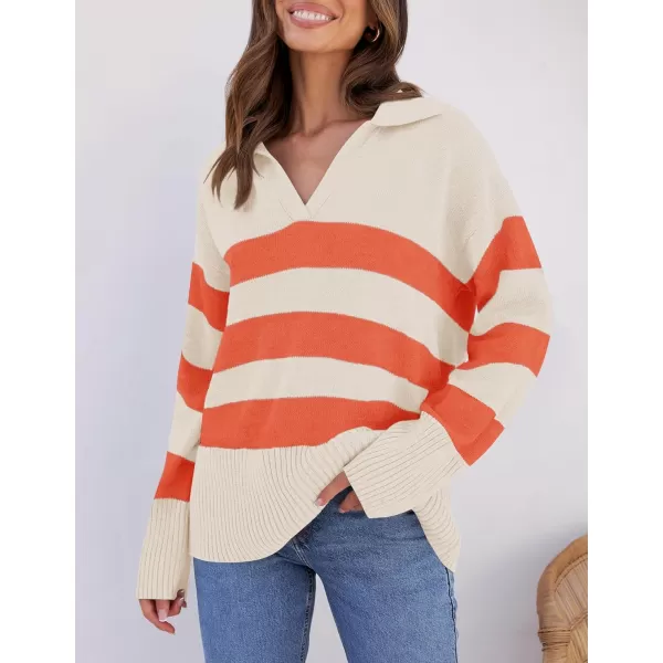 imageZESICA Womens 2024 Winter Striped Sweaters Lapel V Neck Long Sleeve Chunky Knit Oversized Pullover Sweater Jumper TopsOrange
