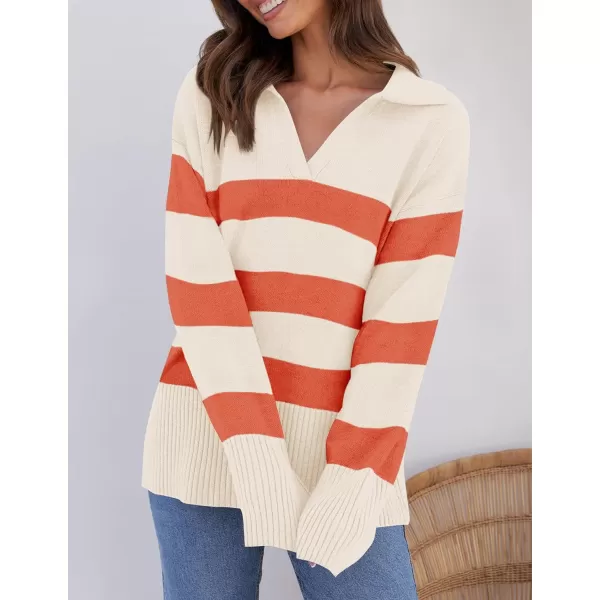 imageZESICA Womens 2024 Winter Striped Sweaters Lapel V Neck Long Sleeve Chunky Knit Oversized Pullover Sweater Jumper TopsOrange