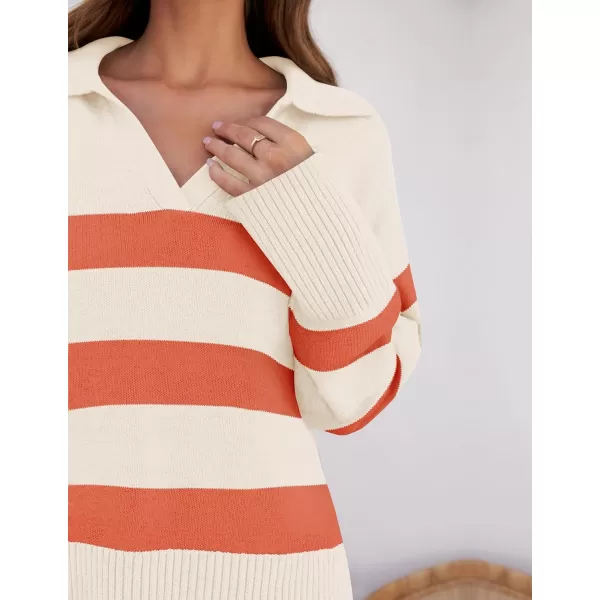 imageZESICA Womens 2024 Winter Striped Sweaters Lapel V Neck Long Sleeve Chunky Knit Oversized Pullover Sweater Jumper TopsOrange