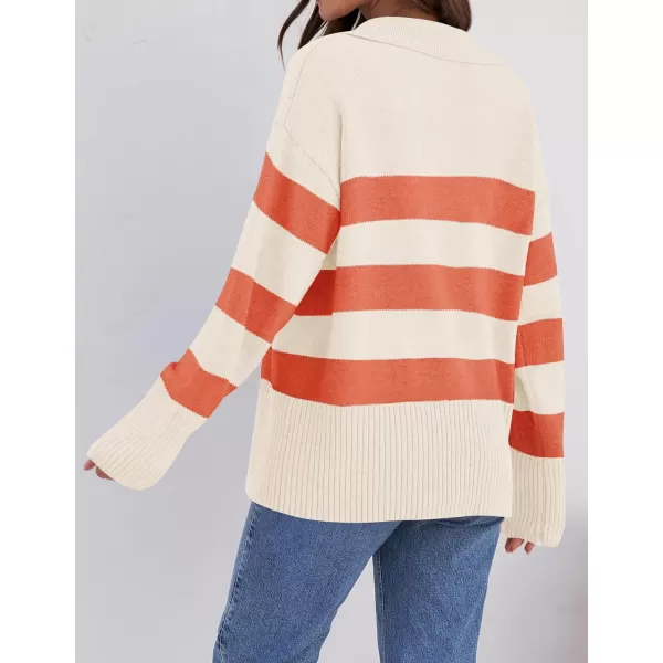 imageZESICA Womens 2024 Winter Striped Sweaters Lapel V Neck Long Sleeve Chunky Knit Oversized Pullover Sweater Jumper TopsOrange
