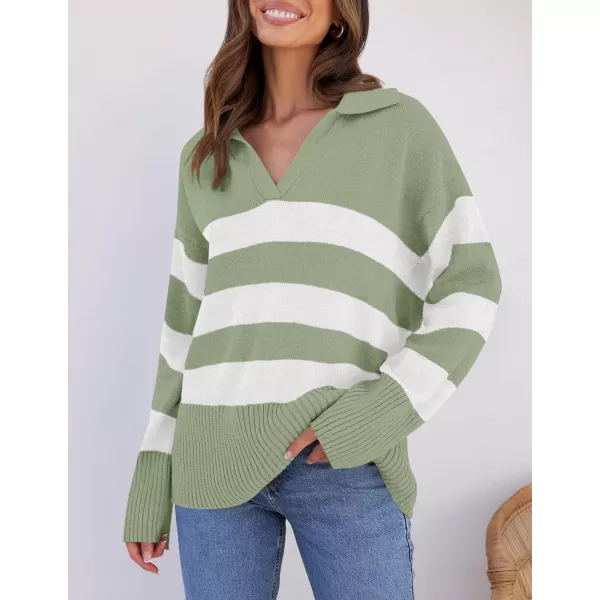 imageZESICA Womens 2024 Winter Striped Sweaters Lapel V Neck Long Sleeve Chunky Knit Oversized Pullover Sweater Jumper TopsPeagreen