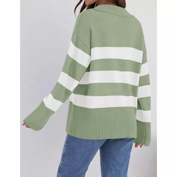 imageZESICA Womens 2024 Winter Striped Sweaters Lapel V Neck Long Sleeve Chunky Knit Oversized Pullover Sweater Jumper TopsPeagreen