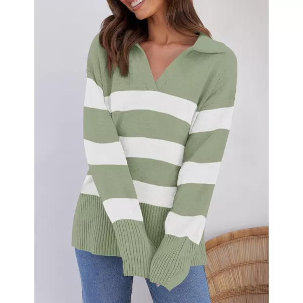 imageZESICA Womens 2024 Winter Striped Sweaters Lapel V Neck Long Sleeve Chunky Knit Oversized Pullover Sweater Jumper TopsPeagreen