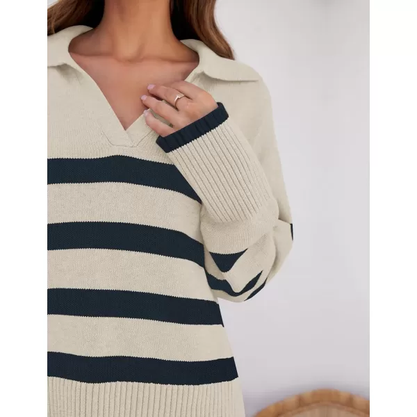 imageZESICA Womens 2024 Winter Striped Sweaters Lapel V Neck Long Sleeve Chunky Knit Oversized Pullover Sweater Jumper TopsRoyalblue