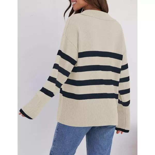 imageZESICA Womens 2024 Winter Striped Sweaters Lapel V Neck Long Sleeve Chunky Knit Oversized Pullover Sweater Jumper TopsRoyalblue