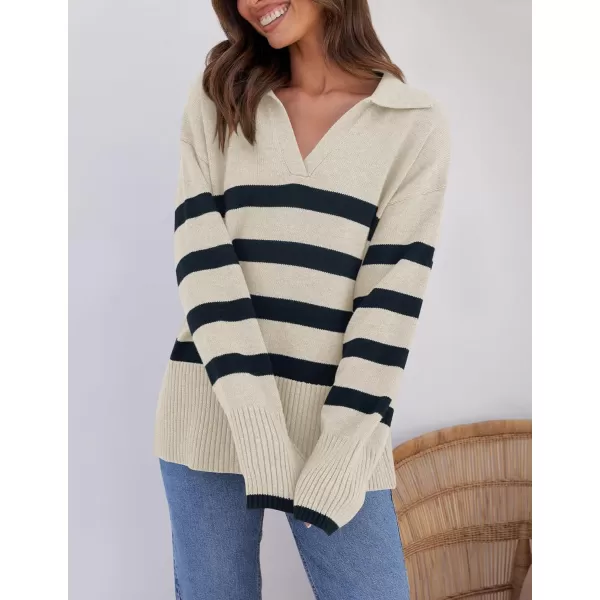 imageZESICA Womens 2024 Winter Striped Sweaters Lapel V Neck Long Sleeve Chunky Knit Oversized Pullover Sweater Jumper TopsRoyalblue