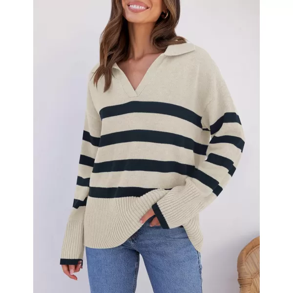 imageZESICA Womens 2024 Winter Striped Sweaters Lapel V Neck Long Sleeve Chunky Knit Oversized Pullover Sweater Jumper TopsRoyalblue