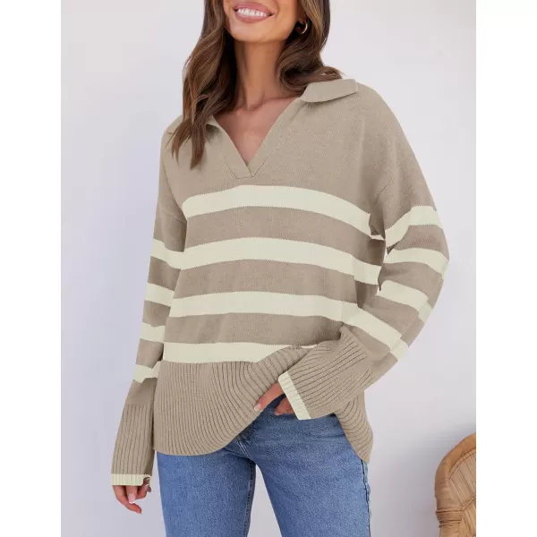 imageZESICA Womens 2024 Winter Striped Sweaters Lapel V Neck Long Sleeve Chunky Knit Oversized Pullover Sweater Jumper TopsSand