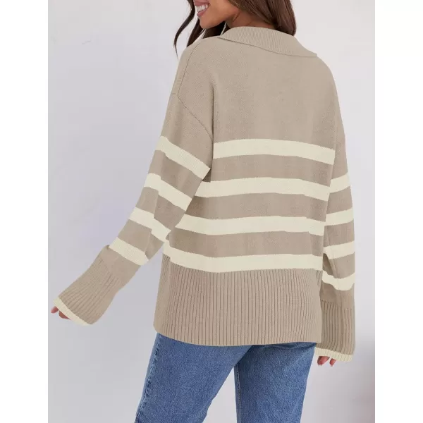 imageZESICA Womens 2024 Winter Striped Sweaters Lapel V Neck Long Sleeve Chunky Knit Oversized Pullover Sweater Jumper TopsSand
