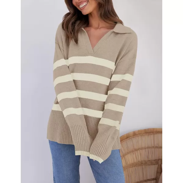 imageZESICA Womens 2024 Winter Striped Sweaters Lapel V Neck Long Sleeve Chunky Knit Oversized Pullover Sweater Jumper TopsSand