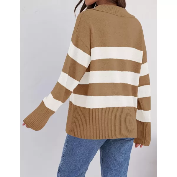 imageZESICA Womens 2024 Winter Striped Sweaters Lapel V Neck Long Sleeve Chunky Knit Oversized Pullover Sweater Jumper TopsToffee