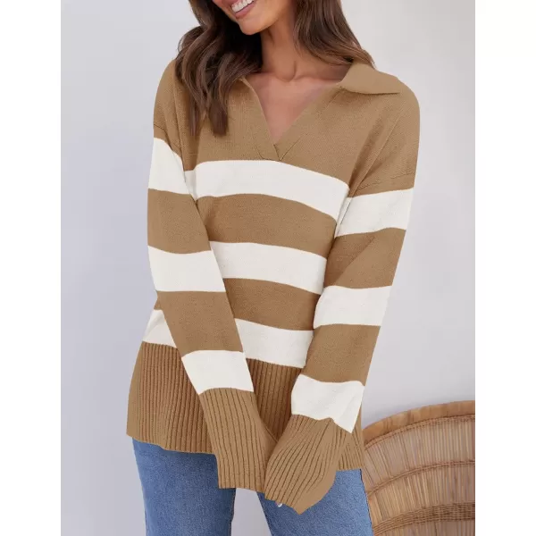 imageZESICA Womens 2024 Winter Striped Sweaters Lapel V Neck Long Sleeve Chunky Knit Oversized Pullover Sweater Jumper TopsToffee