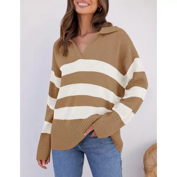 imageZESICA Womens 2024 Winter Striped Sweaters Lapel V Neck Long Sleeve Chunky Knit Oversized Pullover Sweater Jumper TopsToffee