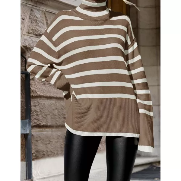 imageZESICA Womens 2024 Winter Sweaters Casual Turtleneck Long Sleeve Striped Side Slit Loose Pullover Sweater Jumper TopsBrown