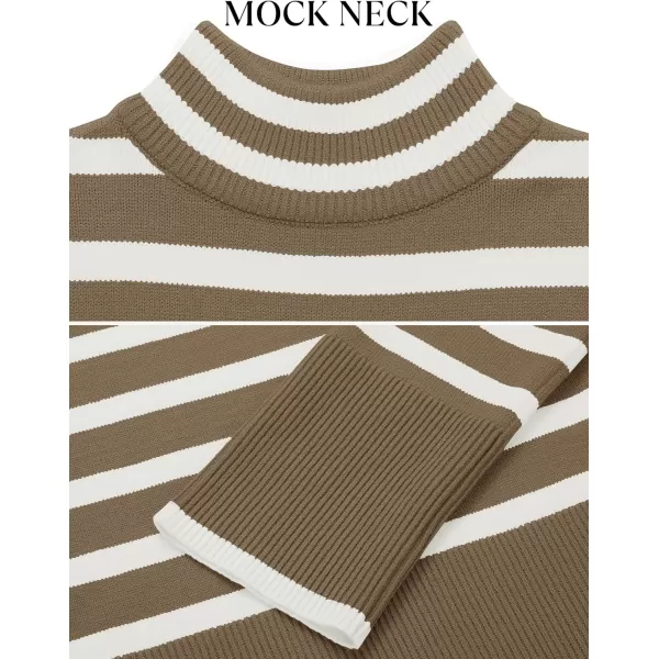 imageZESICA Womens 2024 Winter Sweaters Casual Turtleneck Long Sleeve Striped Side Slit Loose Pullover Sweater Jumper TopsBrown
