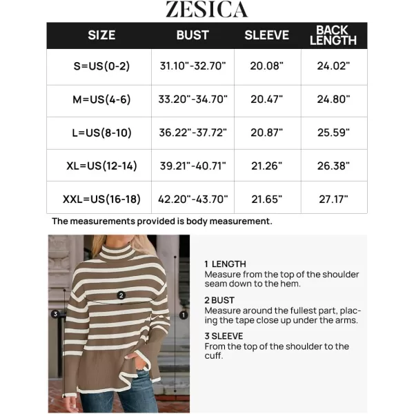 imageZESICA Womens 2024 Winter Sweaters Casual Turtleneck Long Sleeve Striped Side Slit Loose Pullover Sweater Jumper TopsBrown