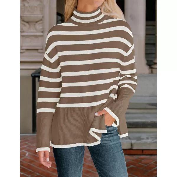 imageZESICA Womens 2024 Winter Sweaters Casual Turtleneck Long Sleeve Striped Side Slit Loose Pullover Sweater Jumper TopsBrown