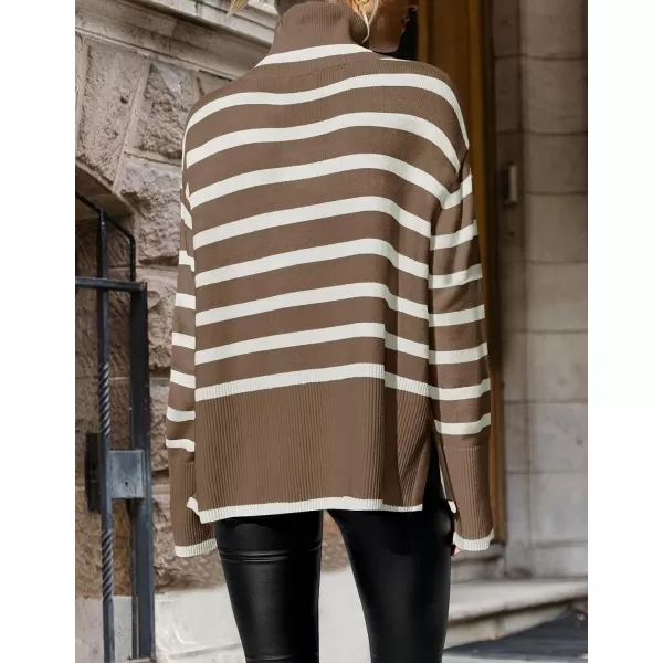 imageZESICA Womens 2024 Winter Sweaters Casual Turtleneck Long Sleeve Striped Side Slit Loose Pullover Sweater Jumper TopsBrown