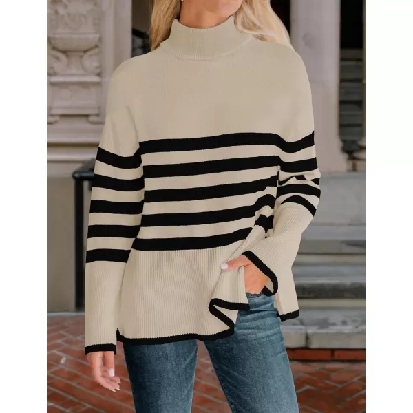 imageZESICA Womens 2024 Winter Sweaters Casual Turtleneck Long Sleeve Striped Side Slit Loose Pullover Sweater Jumper TopsNatural