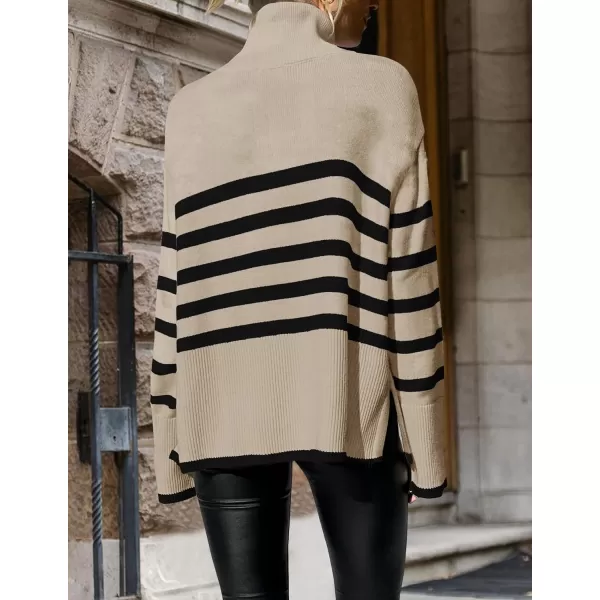 imageZESICA Womens 2024 Winter Sweaters Casual Turtleneck Long Sleeve Striped Side Slit Loose Pullover Sweater Jumper TopsNatural