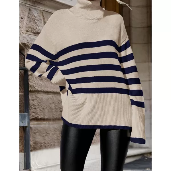 imageZESICA Womens 2024 Winter Sweaters Casual Turtleneck Long Sleeve Striped Side Slit Loose Pullover Sweater Jumper TopsNavy