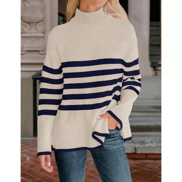 imageZESICA Womens 2024 Winter Sweaters Casual Turtleneck Long Sleeve Striped Side Slit Loose Pullover Sweater Jumper TopsNavy